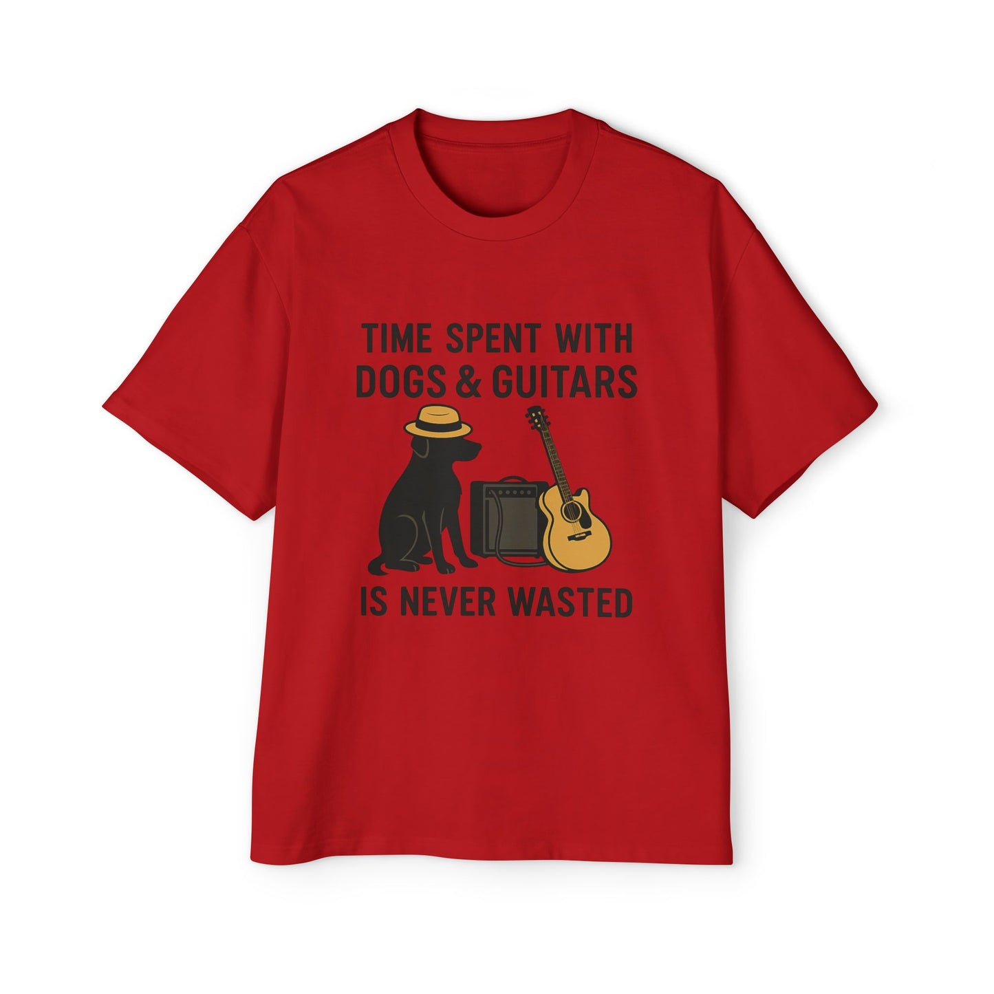 Time Spent With Dogs and Guitars Is Never Wasted Funny Music T-Shirt Men's Heavy Oversized Tee