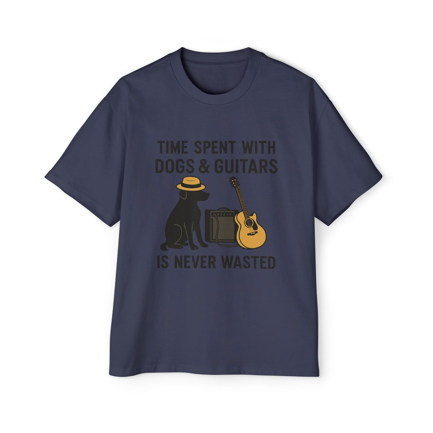 Time Spent With Dogs and Guitars Is Never Wasted Funny Music T-Shirt Men's Heavy Oversized Tee