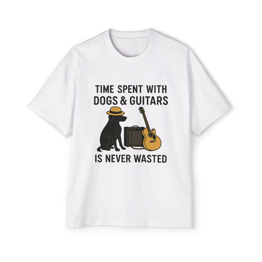 Time Spent With Dogs and Guitars Is Never Wasted Funny Music T-Shirt Men's Heavy Oversized Tee